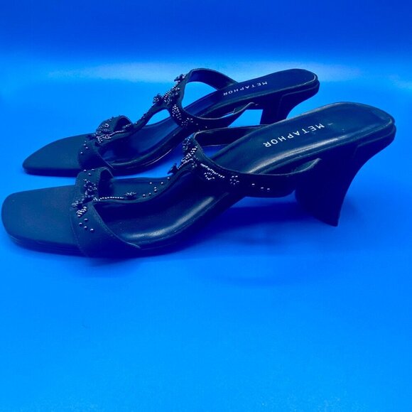 METAPHOR Black Heeled Sandals Festive Beading Leather Sole Women's Size 9.5 - Picture 6 of 9